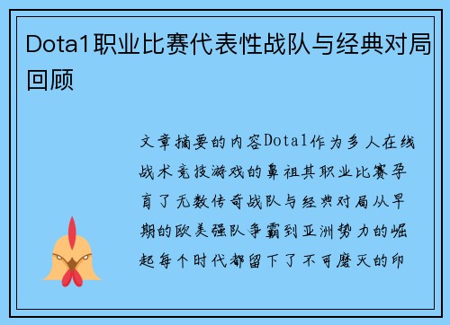 Dota1职业比赛代表性战队与经典对局回顾