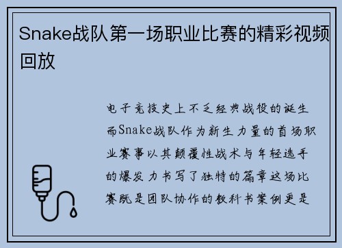 Snake战队第一场职业比赛的精彩视频回放