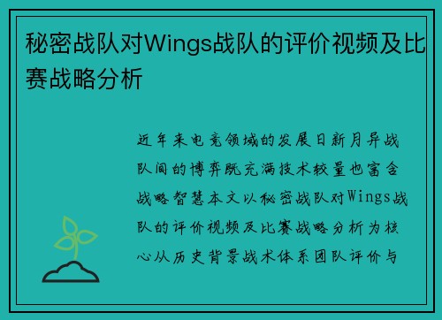 秘密战队对Wings战队的评价视频及比赛战略分析