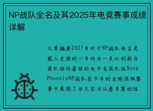 NP战队全名及其2025年电竞赛事成绩详解
